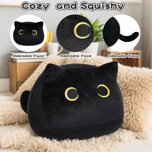 JellyMallow Black Cat Plush with 3 Small Cats, Jumbo Cat Stuffed Animals, Kawaii Plush Pillow, Birthday Gift for Kids Boys Girls