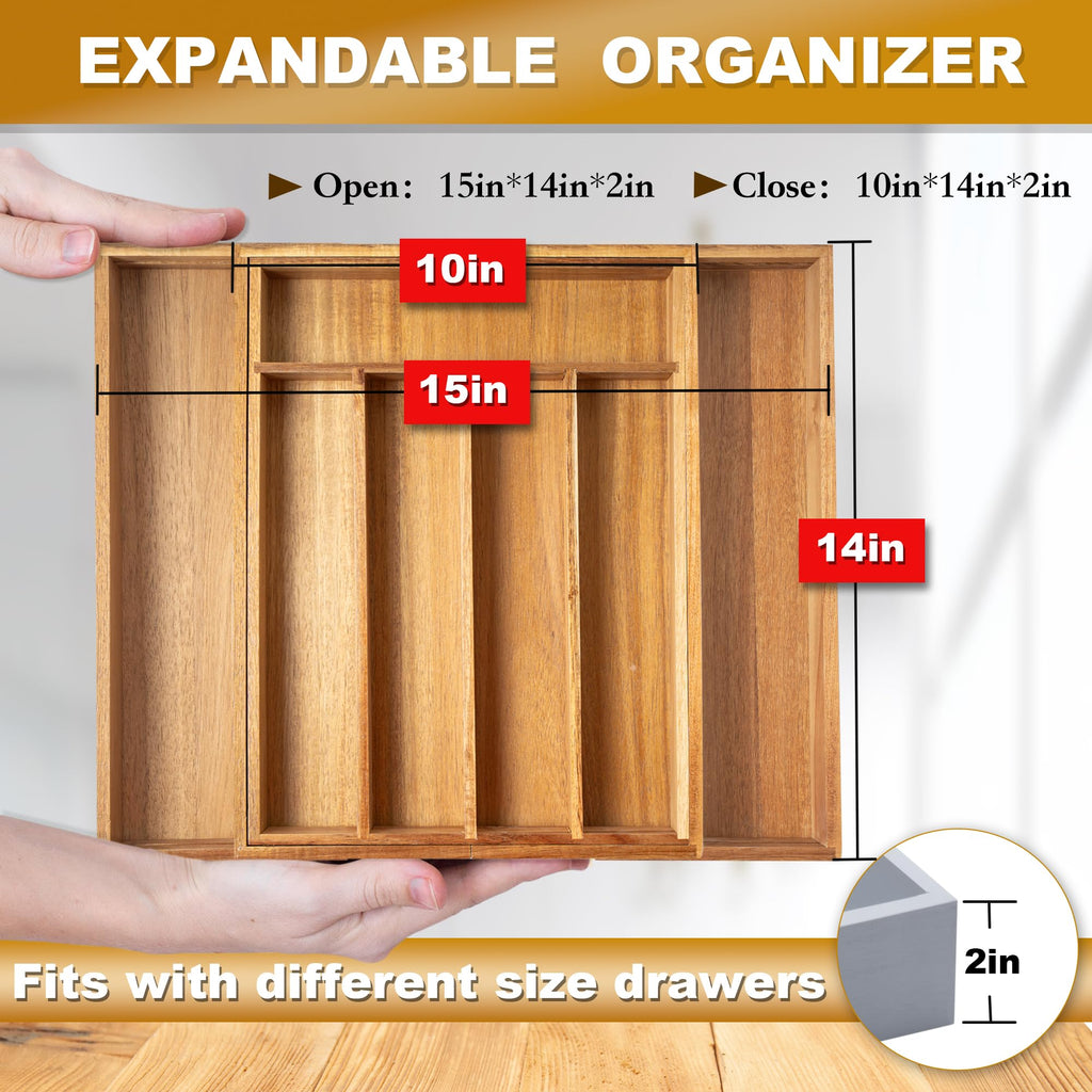 Besilord Large Expandable Utensil Organizer Silverware Organizer for Kitchen Adjustable Utensils Holder Bamboo Flatware Silverware Cutlery in Drawer (9 slot, Natural)