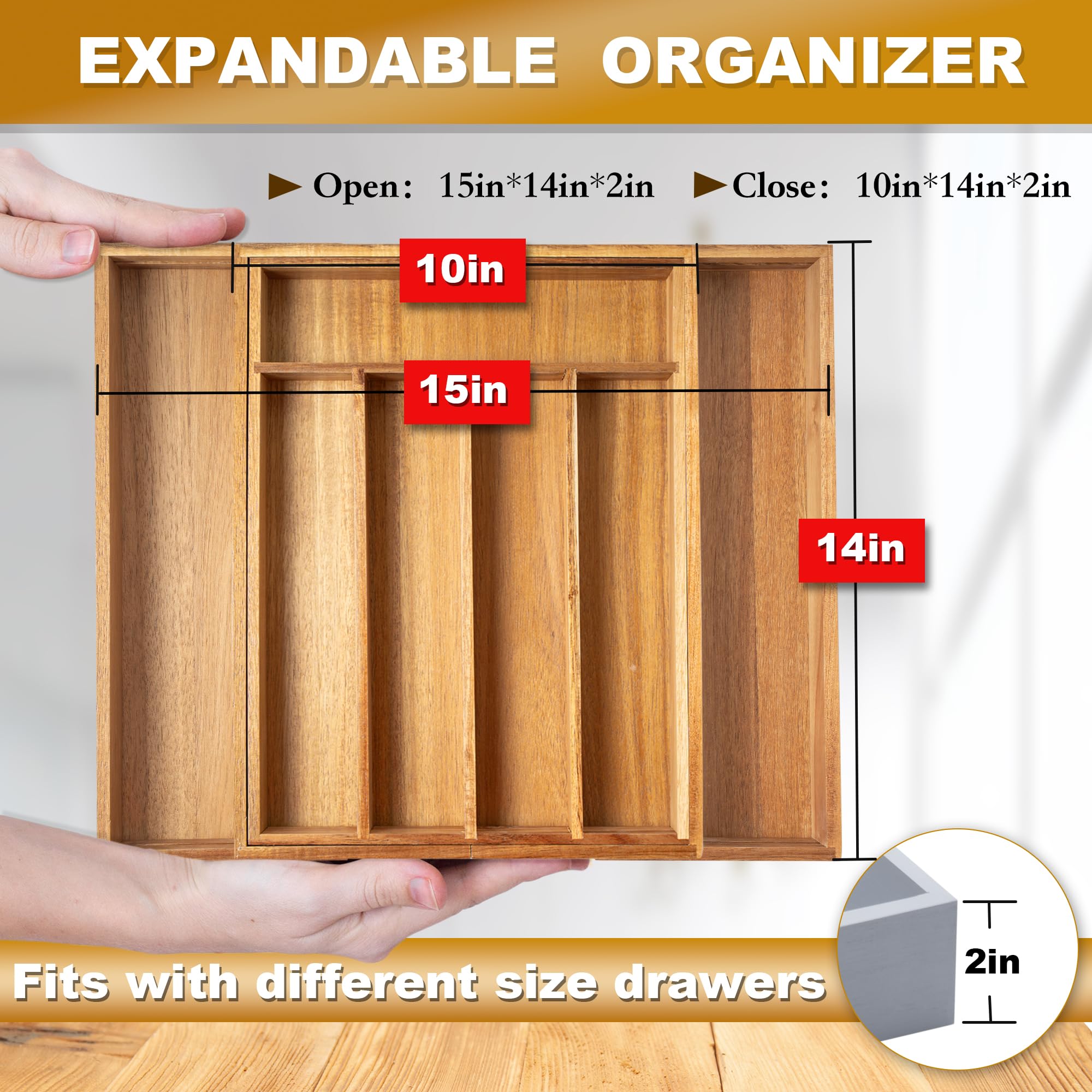 Besilord Large Expandable Utensil Organizer Silverware Organizer for Kitchen Adjustable Utensils Holder Bamboo Flatware Silverware Cutlery in Drawer (9 slot, Natural)