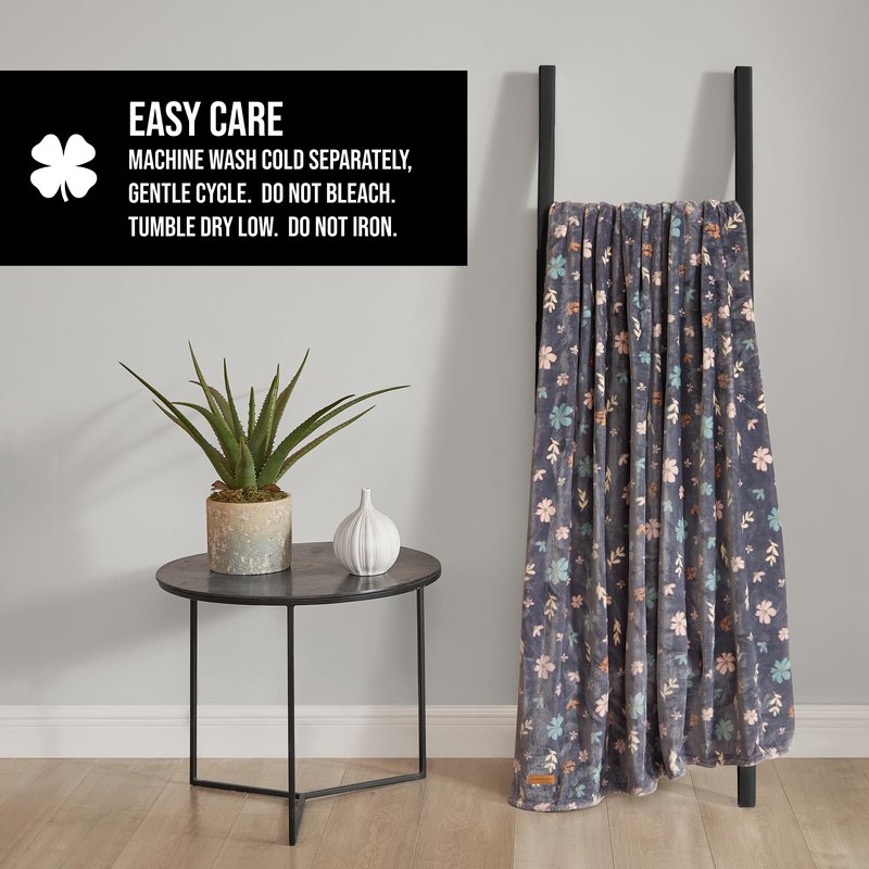 Lucky Brand Luxurious Fuzzy Blanket for Sofa or Bed, Tossed Blooms Plush Throw Blanket, 50" x 70", Gray Floral