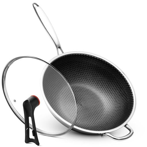 Boryenty 12 Inch Stainless Steel Honeycomb Wok with Standing Lid, Flat Bottom Stir Fry Pan, PFOA-Free Physical Nonstick, Induction Compatible & Dishwasher Safe Wok