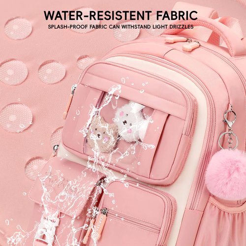 Amythe Girls Backpack with Lunch Box 3Pcs, Kawaii School Bag Set for Kid Elementary Middle School, Multi-Pocket Cute Laptop Bookbag Lightweight, Pink