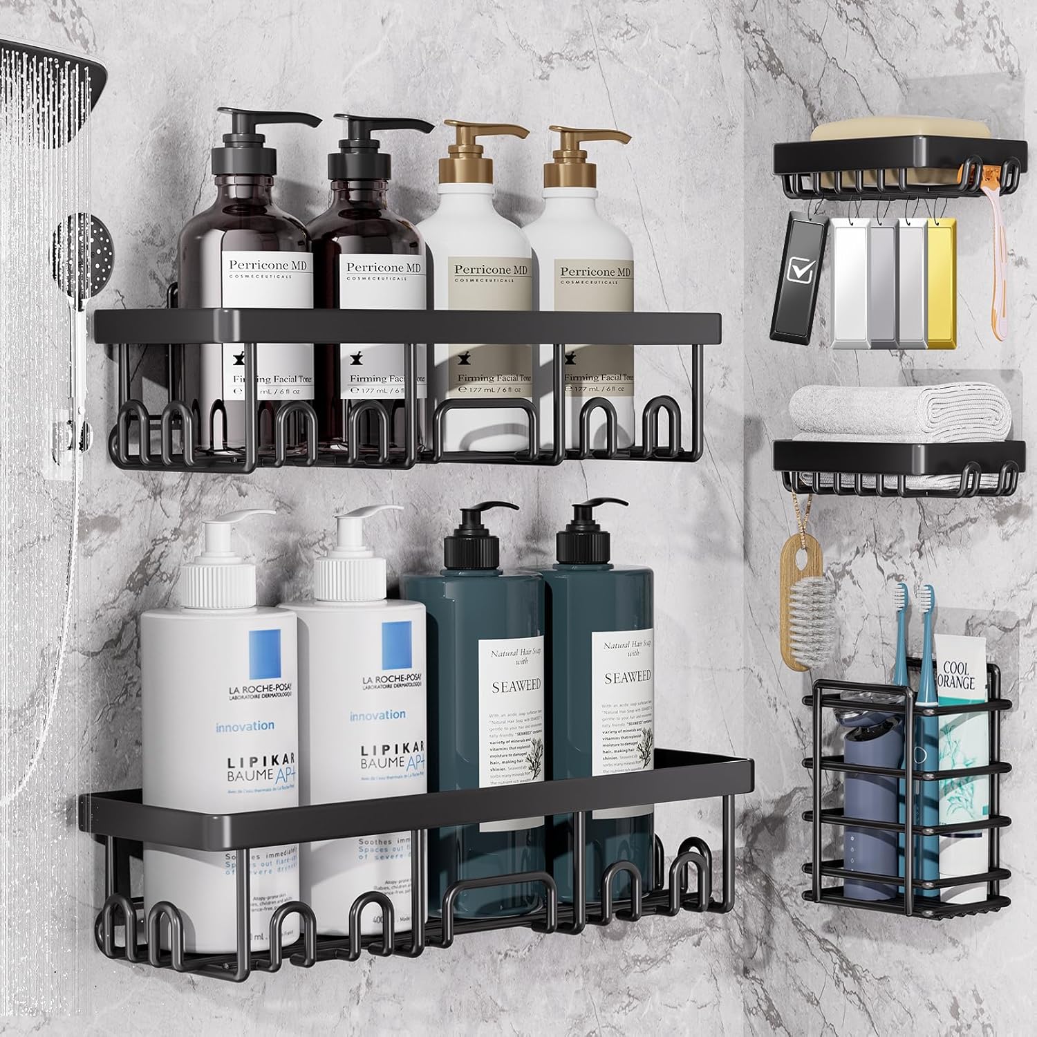 Veken Shower Caddy - Rustproof & Waterproof Adhesive Corner Shelves | 5-Pack Large Bathroom Organizer - Black