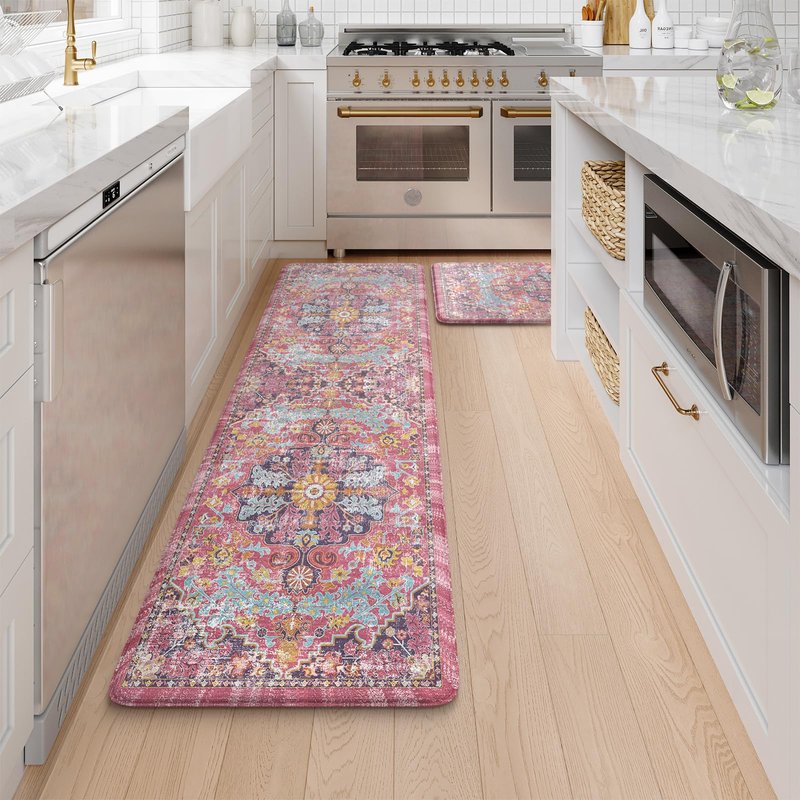 KIMODE Anti Fatigue Kitchen Mat, Cushioned Boho Kitchen Rugs Sets of 2, Non Slip Farmhouse Kitchen Mat for Floor, Waterproof Standing Desk Mat for Laundry, Office, Sink Fuchsia/Multi 17"x59"+17"x29"