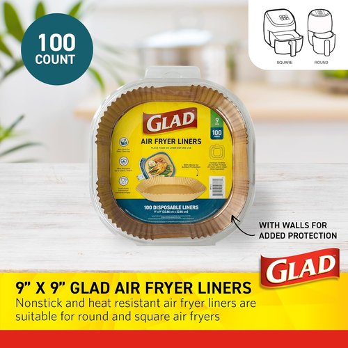 Glad Air Fryer Liners - Nonstick & Heat Resistant, 9" Rounded Square Shape - 100 Count, Food Grade Material