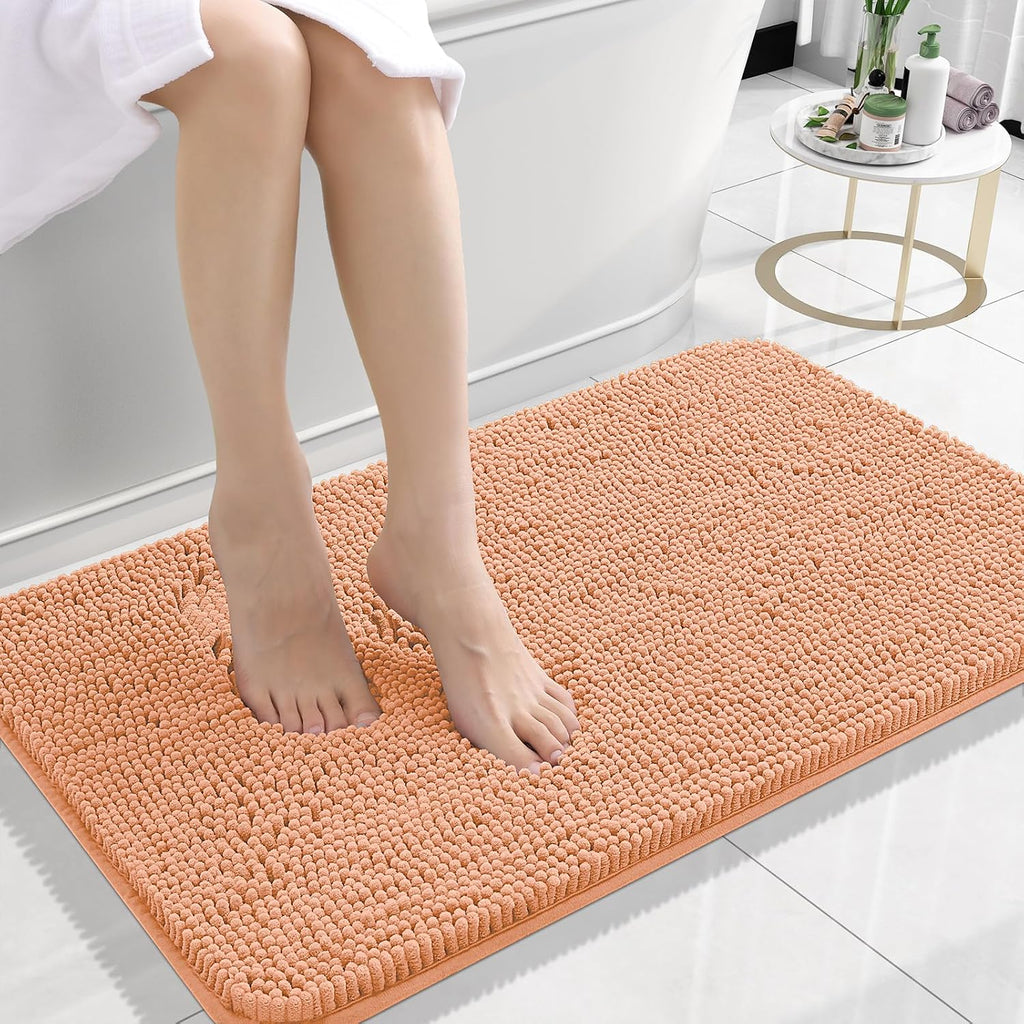 OLANLY Bath Rugs - Extra Soft Chenille with Rubber Backing | Quick Dry, Machine Washable, 24x16, Peach