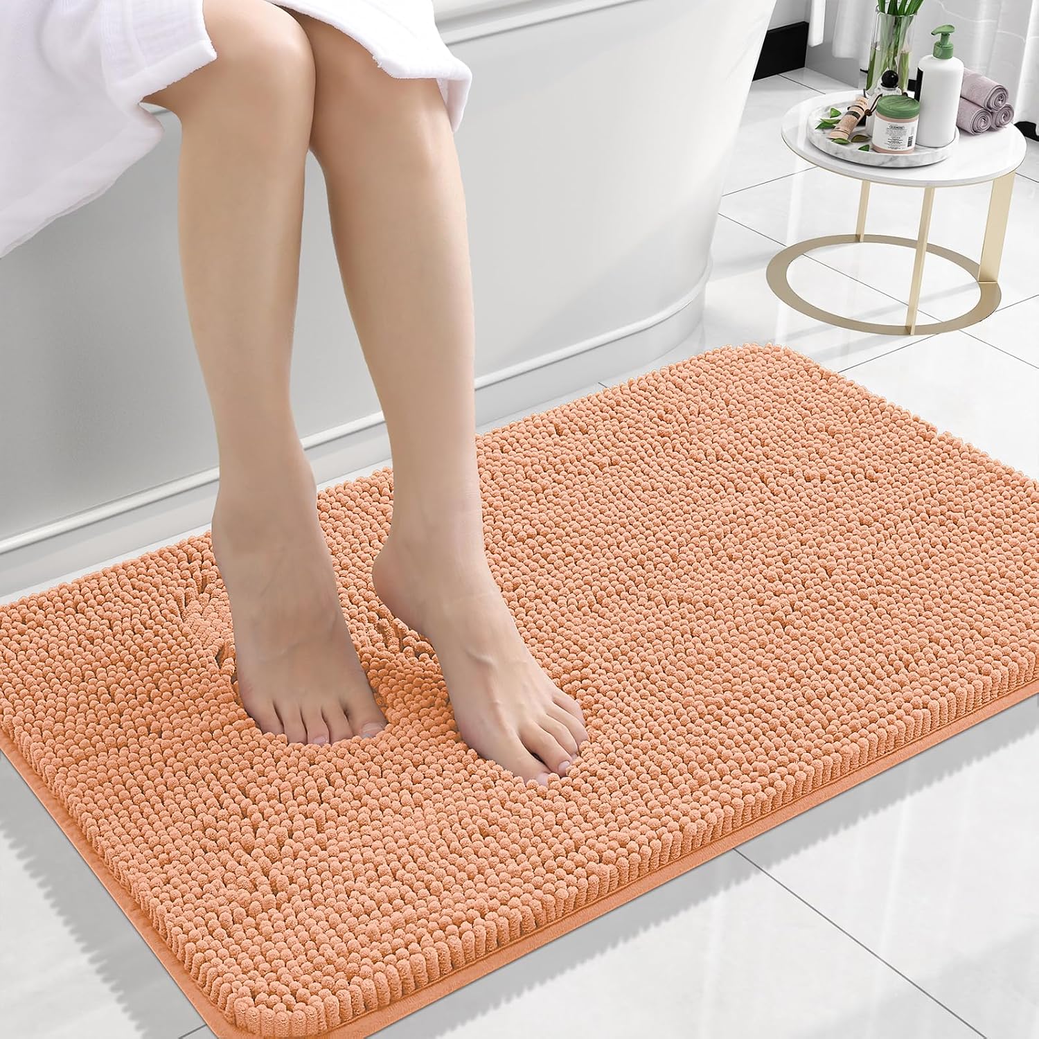 OLANLY Bath Rugs - Extra Soft Chenille with Rubber Backing | Quick Dry, Machine Washable, 24x16, Peach