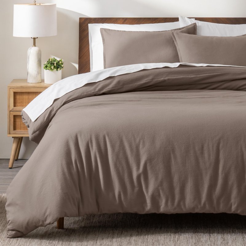 Bare Home Flannel Duvet Cover Set with Sham Pillow Covers (Queen, Taupe)