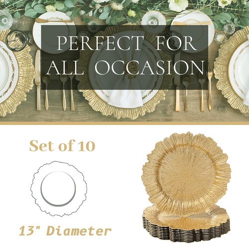 MAONAME 13" Gold Charger Plates Set of 10, Reef Plate Chargers, Round Charger for Dinner Plates, Plastic Table Chargers for Wedding Decor