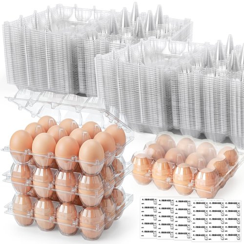 LOVEINUSA 100 PCS 12 Count Plastic Egg Cartons, with 105PCS Date Labels, Bulk Clear Reusable Egg Holder for Fresh Medium Eggs Storage, Suitable for Farms, Families, Markets Display