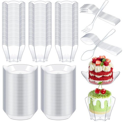 Tessco 400 Pcs Mini Dessert Plates Set 200 Clear Disposable Mini Appetizer Plates Plastic Tray 100 small Appetizer Forks 100 Tasting Spoons for Wedding Birthday Party(Oval, Flower Style)