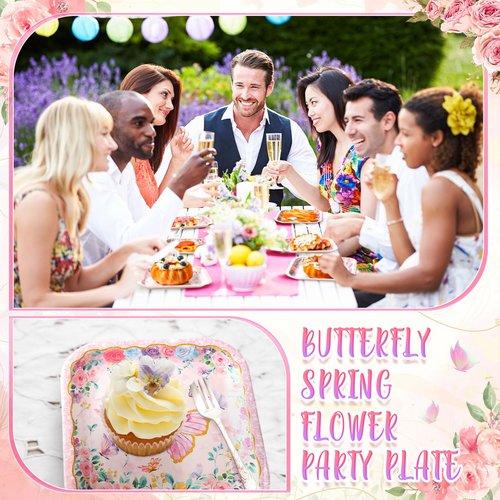 Potchen 100 Pcs Butterfly Dessert Plates Bulk 7 x 7 Inch Disposable Pink Butterfly Paper Plates Square Gold Foil Dessert Plates for Butterfly Spring Party Decor Supplies