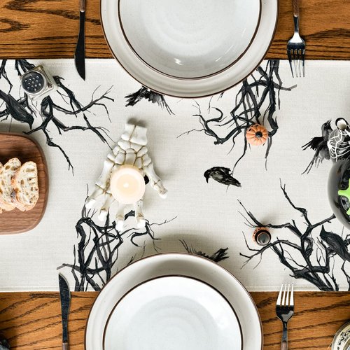 Artoid Mode Silhouette Tree Crows Halloween Table Runner, Branches Fall Kitchen Dining Table Decoration for Outdoor Home Party 13x108 Inch