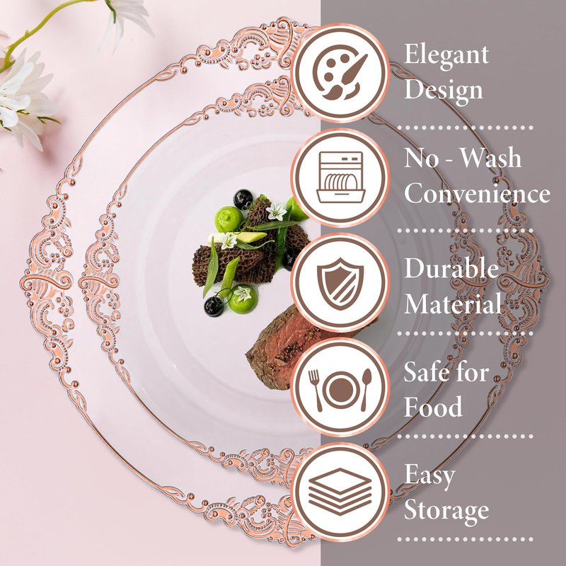 Nervure 175PCS Rose Gold Plastic Plates - Disposable Rose Gold Party Plates & Pre Rolled Napkins with Cutlery for 25 Guests, 50Plates, 75Silverware, 25Cups, 25Napkin for Wedding & Party & Mothers Day