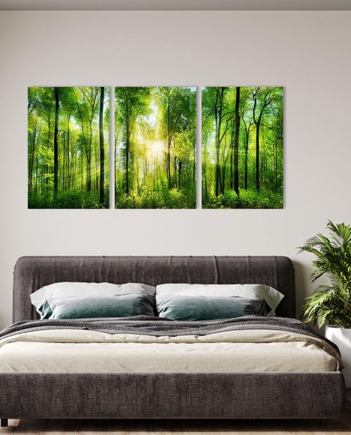 HLJ ART Forest Wall Art: 3 Panel Green Tree Pictures Canvas Wall Art, 20x30 Inch, Sunrise Prints Scenery Wall Art Hanging Wall Mural Nature Art Wall Decor for Bedroom, Living Room, Office