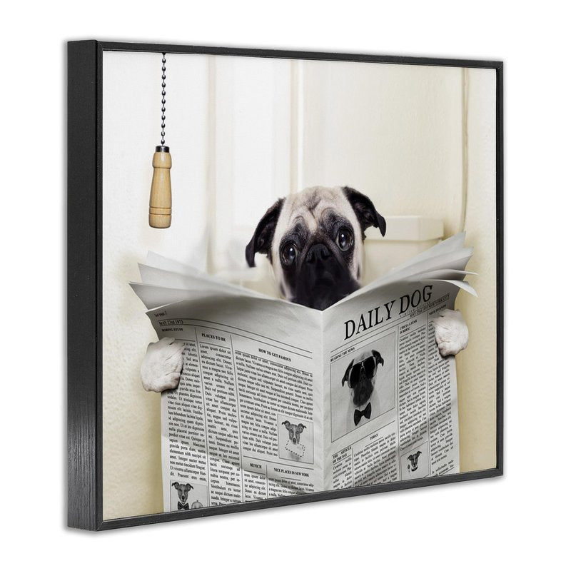 Stupell Industries 'Pug Reading Newspaper in Bathroom', Framed Giclee Art, Black, 20 x 16 Inches, Easy to Hang and Sturdy, Made in USA, by In House