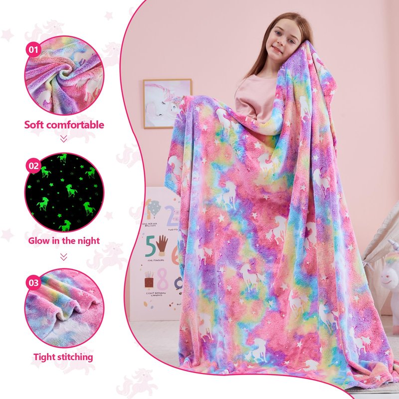 QSTEHEML Glow in The Dark Unicorn Blanket ，Birthday Gift for Girls Age 3-12 Years Old, Unicorns Toys Girls Presents for Grandkids, Soft Unicorns Throw Blanket for Daughter 50"×60"
