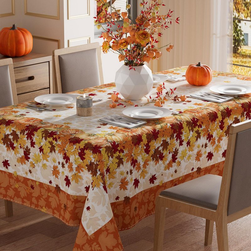 XCHI Fall Pumpkin Maple Leaves Orange Tablecloth Rectangle Washable Table Covers for Home Party Decorations 60x84 Inch
