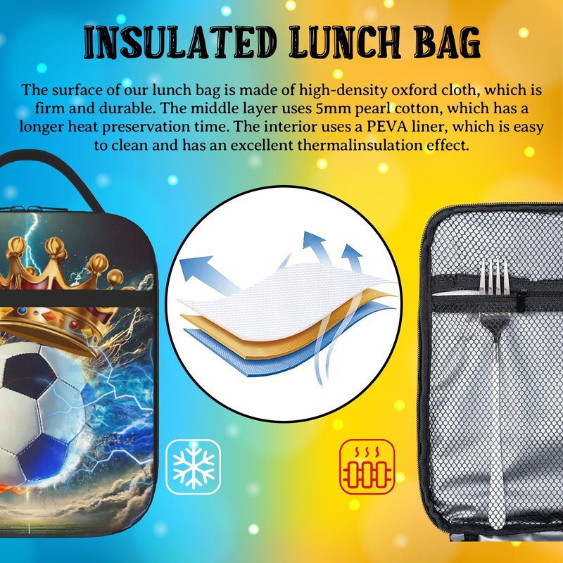 Quelindra Soccer Lunch Box，Water And Fire Crown Football Ball Lunch Bag，Sports-Themed Lunch Bag For Kids Teens Boys Girls, Insulated Cooler Waterproof Reusable Lunch Bags,Tote Bag With Double Zippers