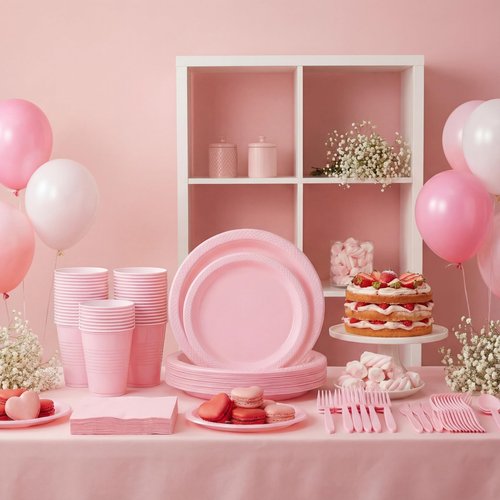 WELLIFE 210 PCS Pink Plastic Plates for 30 Guests - Disposable Dinnerware Set Including Dinner Plates, Dessert Plates, 12oz Cups, Cutlery & Napkins, Pink Party Plates