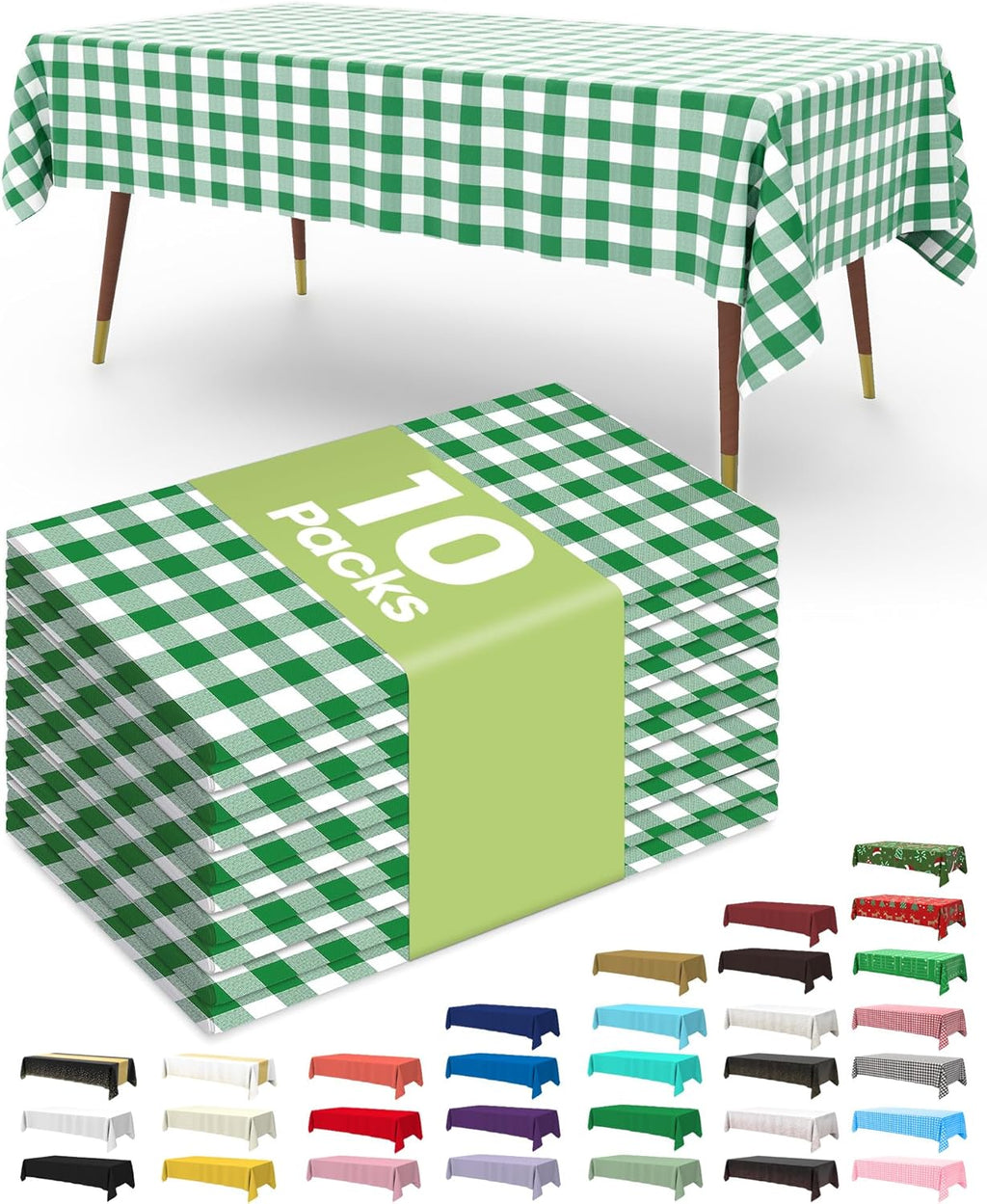 Pureegg Premium Disposable Table Covers - 10 Pack, 54x108 Inch Black for Rectangular Tables | Green Plaid Design