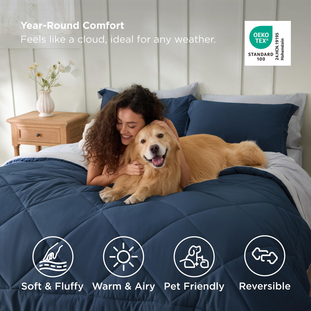 Bedsure Queen Comforter Set - 7 Pieces Reversible Navy Bedding, Queen Size Bed Set for All Seasons, Bed in a Bag with Down Alternative Comforter, Sheets, Pillowcases & Shams