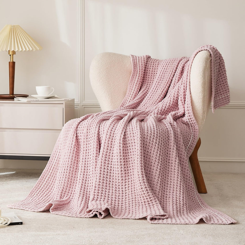 WESHIONGOO Throw Blanket for Couch Soft Knit Throw Blanket with Chenille Yarn Non-Shedding, Chenille Blanket for Living Room Bed Sofa (Pink, 50"*60")