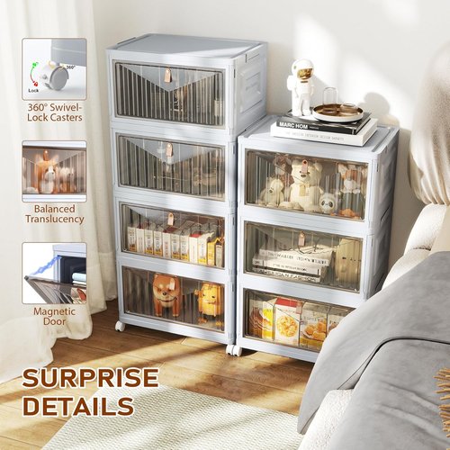 4 Tier Stackable Storage Bins by [Brand Name] - 23 QT Plastic Organizers with Lid & Wheels | Grey Foldable Containers for Home & Craft