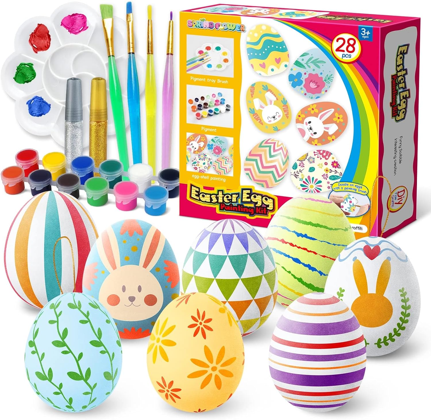 Skiennix Easter White Eggs Painting Kit - DIY Paintable Flocking Eggs with Doodle Kit | 28PCS for Decoration & Gifts