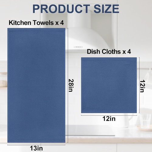 Homaxy Kitchen Towels Set - Ultra Soft 100% Cotton Dishcloths | 8-Piece Set in Navy Blue, 12x12 & 13x28 Inches