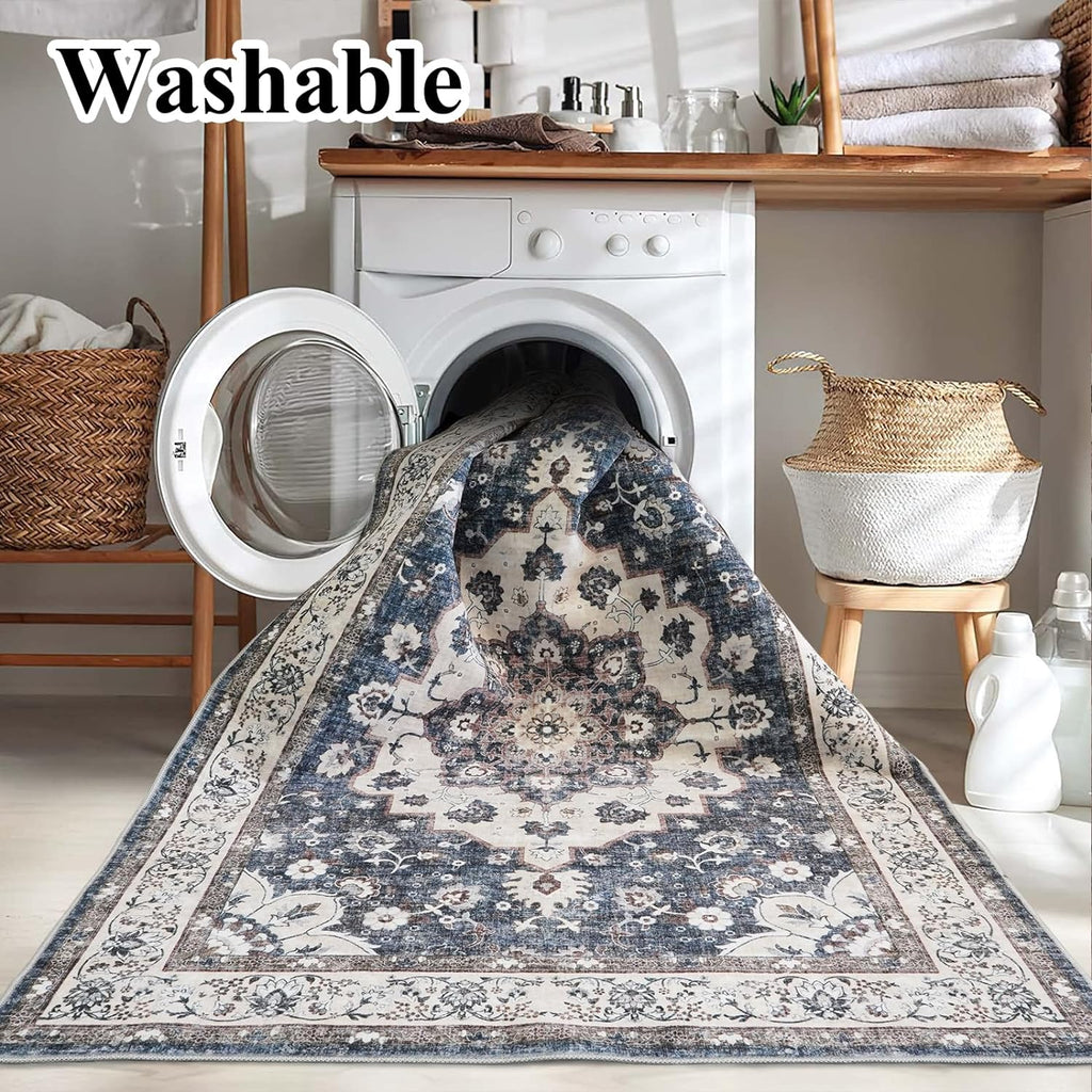 Skiennix Washable 3x12 Hallway Runner Rug - Floral Non-Slip Entryway Carpet | Stain Resistant Blue Mat