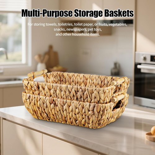 Mowtanco Woven Storage Baskets - Set of 2 Handwoven Water Hyacinth Baskets with Wooden Handles | Perfect for Organizing and Home Decor - Medium Size