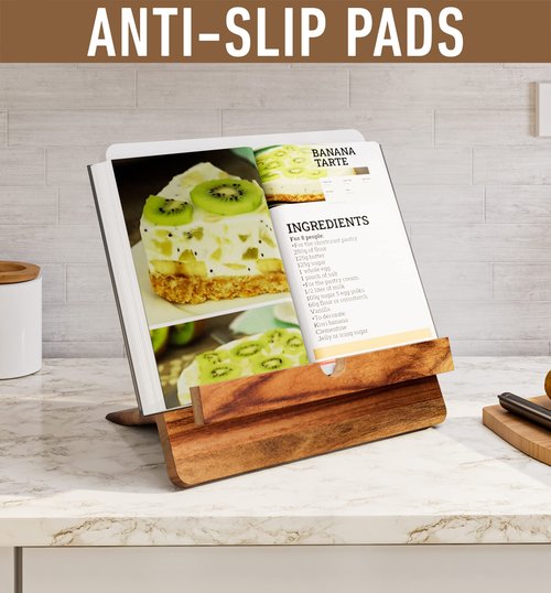 Acacia Cookbook Stand for Kitchen Counter - 12" x 12" Large Adjustable Non-Slip Acacia Wood Book Stand for Cookbooks - Collapsible for Easy Storage - Extra Large Recipe Book Holder for Kitchen Counter