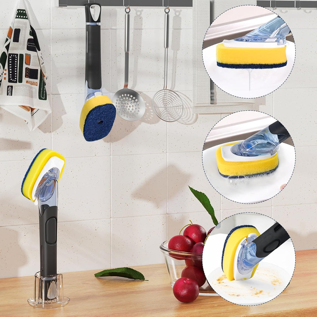 Skiennix Dish Brush Set - Soap Dispensing Brush with Holder & 2 Sponge Refills for Easy Cleaning