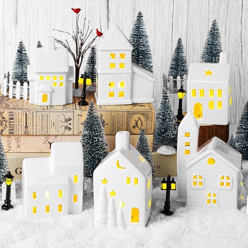 Fovths Christmas Village Set - 37-Piece Lighted Ceramic Houses with Remote Control LED Tealights & Accessories