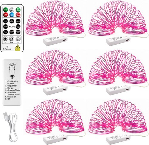 HXWEIYE 6 Pack Rechargeable Fairy Lights - Battery Operated with Remote & DIY Timer | 7ft 20LED Mini Twinkle String Lights for Weddings, Parties & Home Decor (Pink)