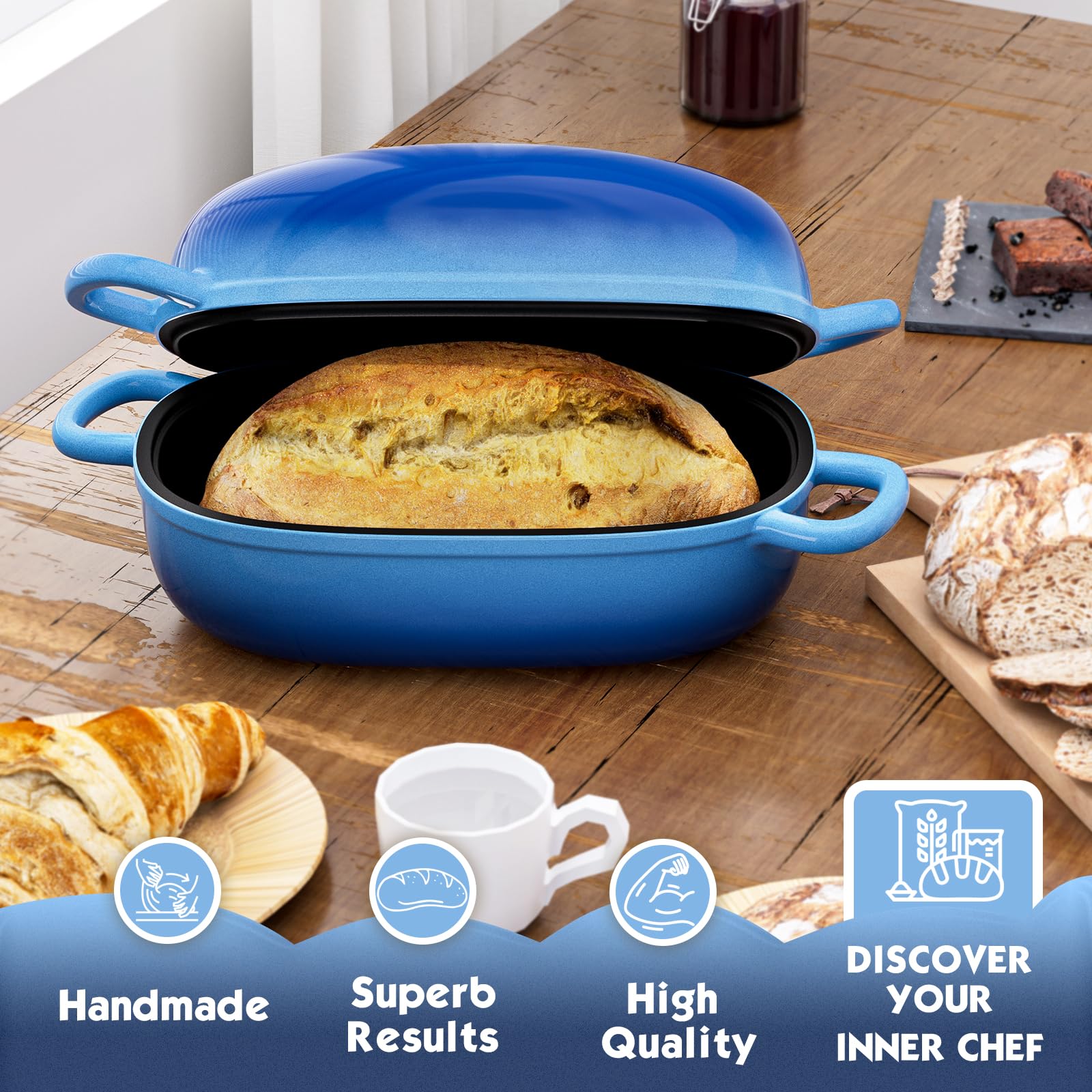 PROCHOP Dutch Oven for Bread Baking 9x6 Inch - 2.5QT Bread Pans for Homemade Bread Cast Iron Bread Pan Dutch Oven Loaf Pan with Lid and Loop Handles for Homemade Breadmaking