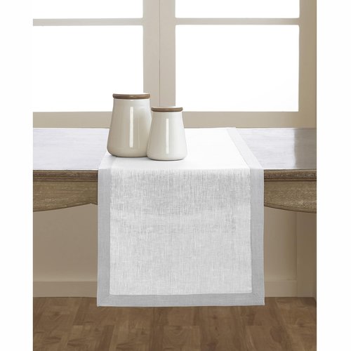 Solino Home Linen Table Runner 120 Inches Long - Soft Grey and White 100% Pure Linen 14 x 120 Inch Table Runner for Dining, Spring - Classic
