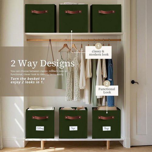 DECOMOMO Storage Cubes - 13x13x13 Fabric Organizer Bins with Labels | Olive Green (Set of 6)