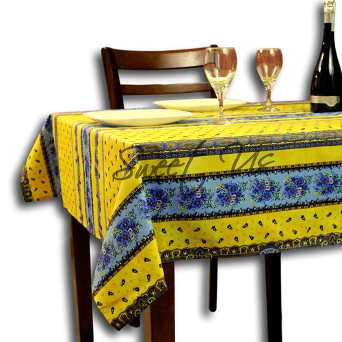 Sweet Us Wipeable Tablecloth Spill Resistant Acrylic Coated Floral Cotton French Provencal Yellow Tablecloth for Square Tables 52x52 inches Fleurs Eternelles