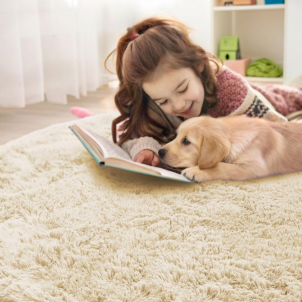 OLANLY Round Cream Area Rug - Soft, Fluffy, Machine Washable 7 ft Circle Carpet for Bedroom & Living Room