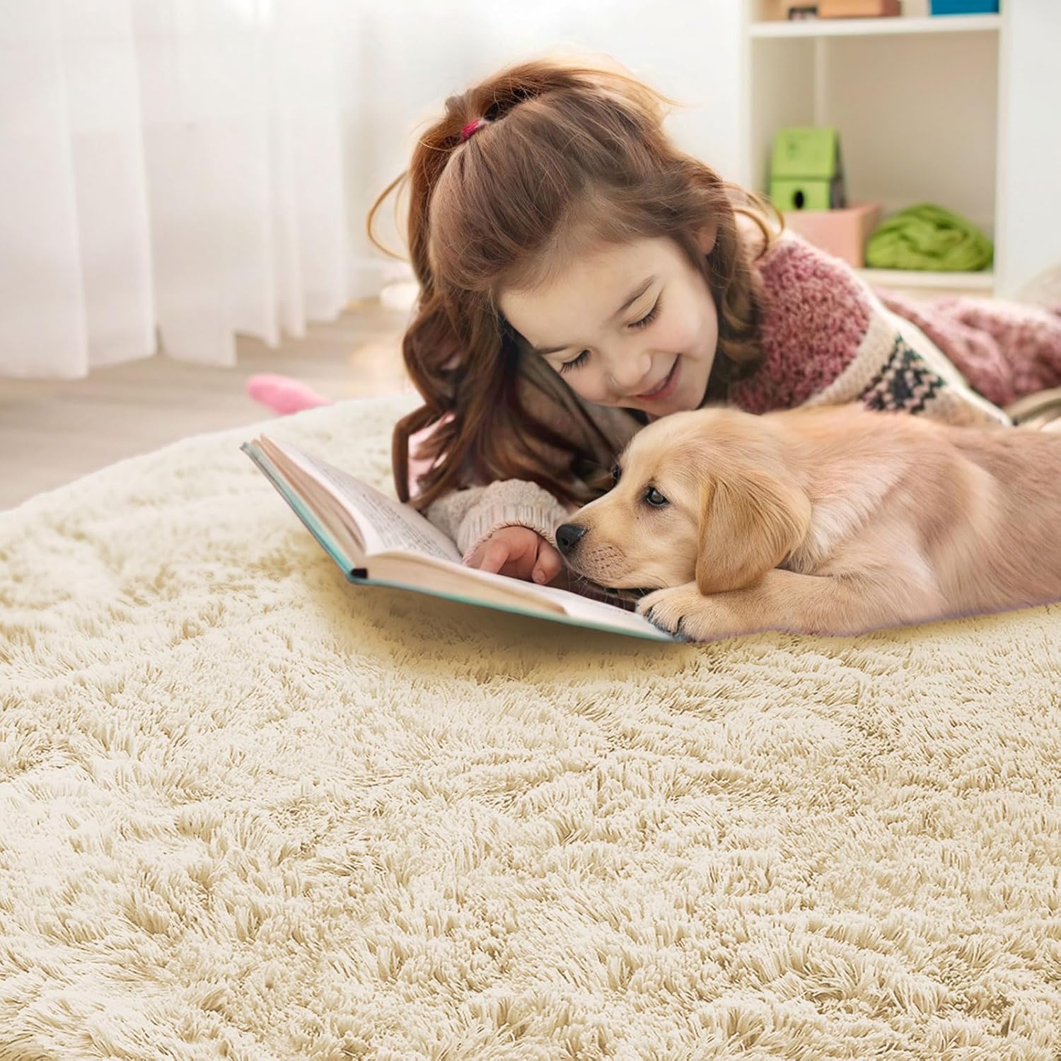 OLANLY Round Cream Area Rug - Soft, Fluffy, Machine Washable 7 ft Circle Carpet for Bedroom & Living Room