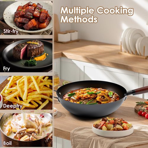 BEETLA Steel Wok Pan, 11.8-inch/12.6-inch/13.4-inch Stir Fry Pans Chinese Wok Flat bottom Iron wok for Induction, Electric, Gas, Halogen All Stoves Ideal for Stovetop Cooking (12.6-inch)