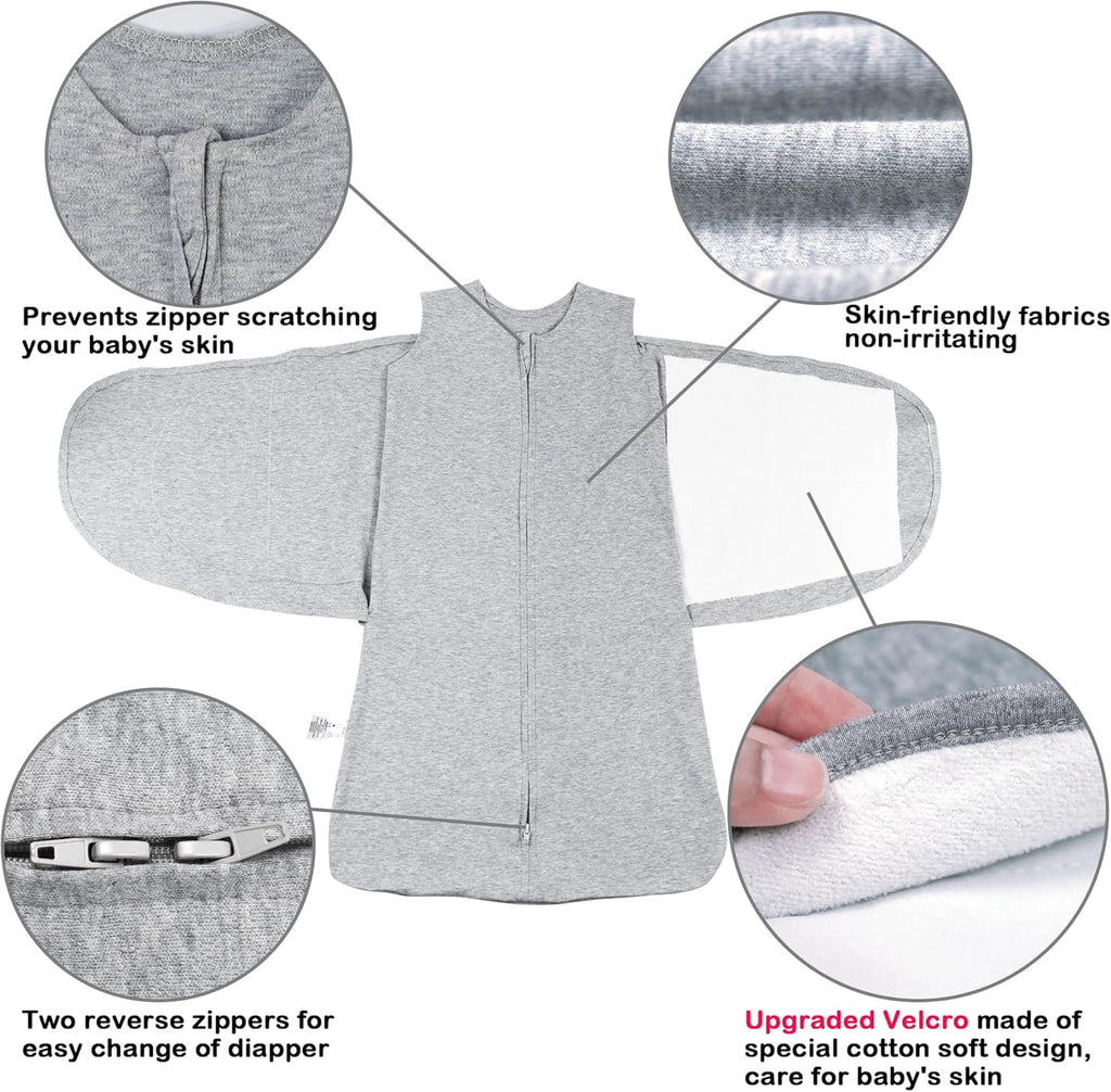 Skiennix Baby Sleep Sack Swaddle - 3-Way Adjustable Wearable Blanket | 100% Organic Cotton, 3-6 Months, 12-18 lbs, 1.0 TOG (Blue & Grey)