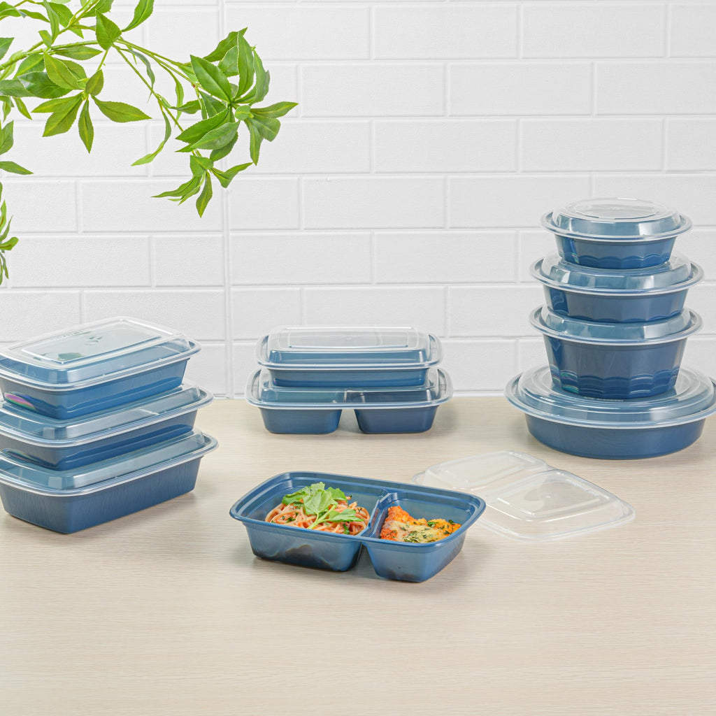 Restaurantware-Asporto 26 Ounce Compartment Take Out Boxes, 100 Microwavable Meal Prep Containers - 2 Compartments, With Clear Plastic Lids, Midnight Blue Plastic Food Containers, Do Not Contain BPA