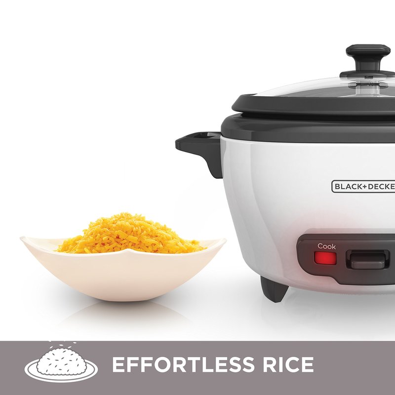 BLACK+DECKER Rice Cooker 6-Cup (Cooked) with Steaming Basket, Removable Non-Stick Bowl, White