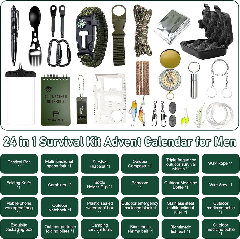 Survival Kit Advent Calendar - 24 Days of Outdoor Gear & Tools for Men | Perfect Christmas Countdown Gift