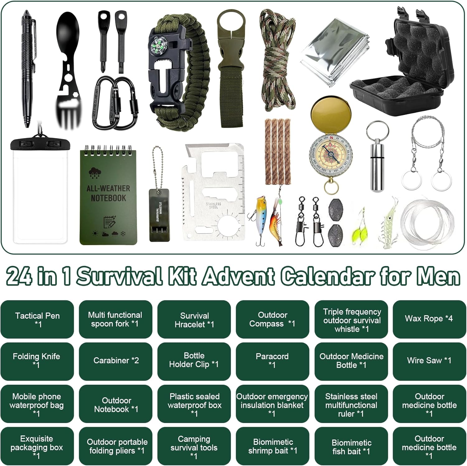 Survival Kit Advent Calendar - 24 Days of Outdoor Gear & Tools for Men | Perfect Christmas Countdown Gift