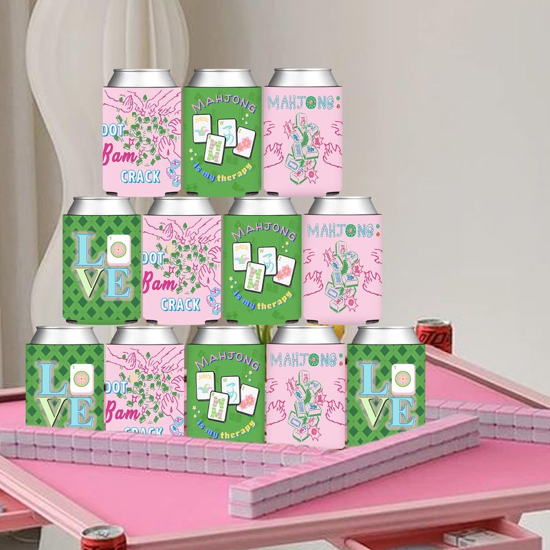 KARAQY 12 Pcs Mahjong Party Can Coolers, Pink and Green Mahjong Can Sleeve for Mahjong Gifts Mahjong Party Decorations Supplies