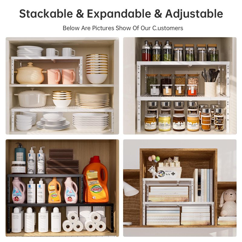 Ipotive Expandable Adjustable Stackable Kitchen Organizer,Pantry Storage Shelves Racks,for cabinets Shelf, Kitchens, countertops, bathrooms,RV(2Packs/White,Medium)